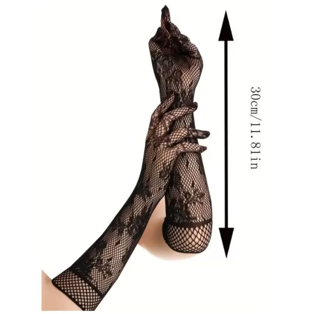 NWT Black Lace Fishnet Opera Gloves Floral Goth Costume Long Evening Formal